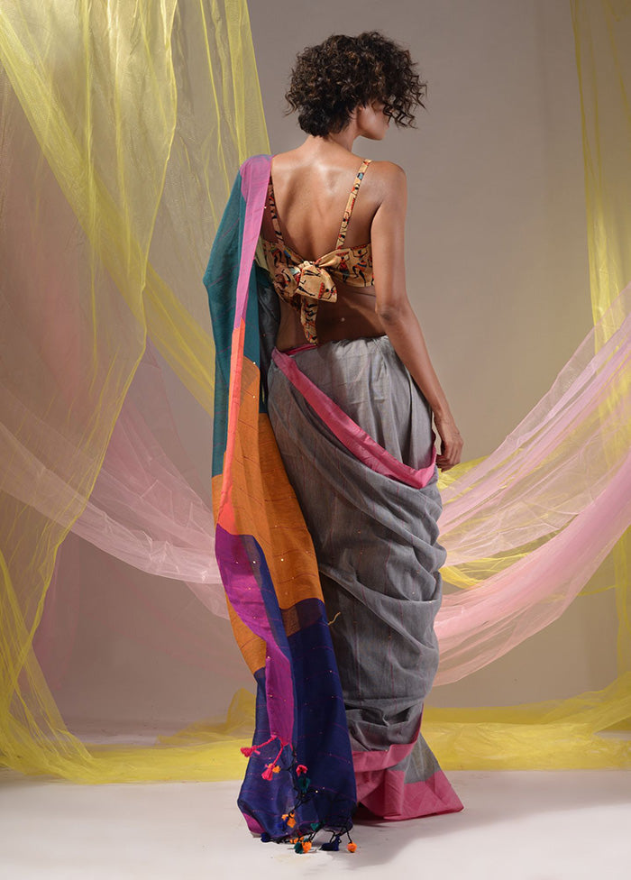 Grey Pure Cotton Saree With Blouse Piece - Indian Silk House Agencies