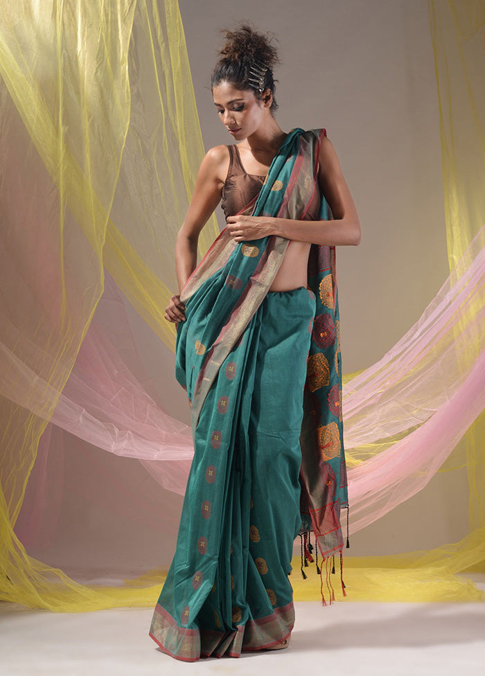 Teal Spun Silk Saree With Blouse Piece - Indian Silk House Agencies