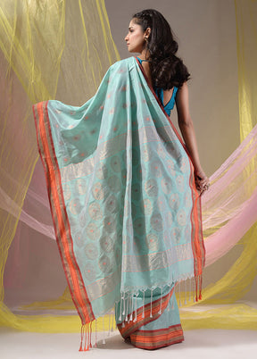 Sea Green Spun Silk Saree With Blouse Piece - Indian Silk House Agencies