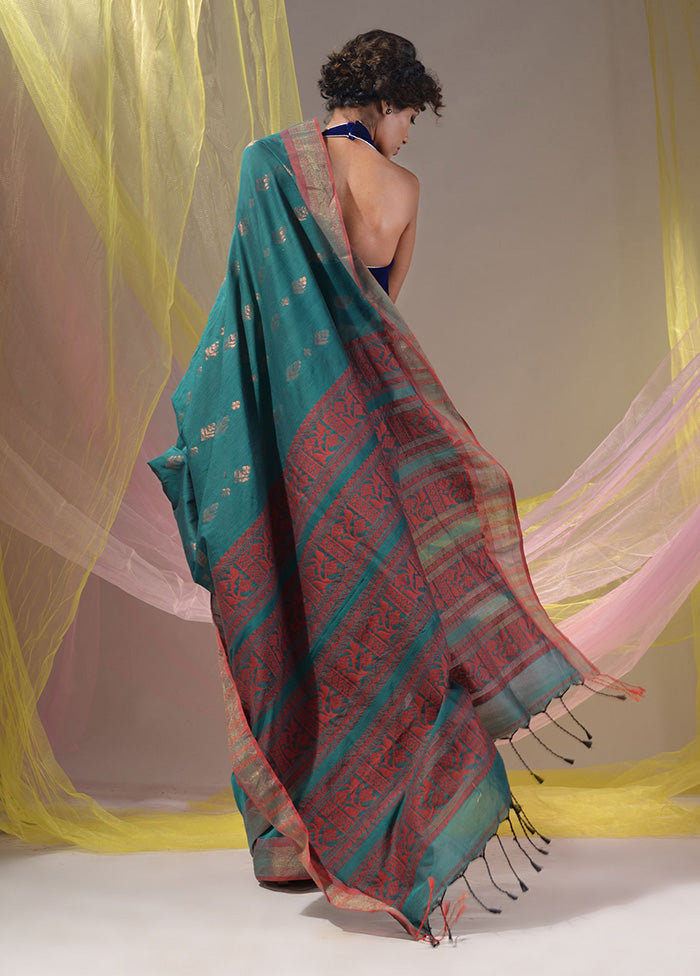 Teal Spun Silk Saree With Blouse Piece - Indian Silk House Agencies