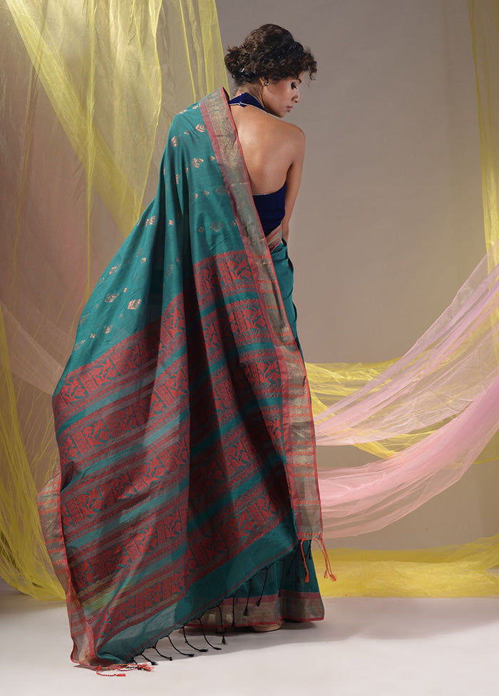 Teal Spun Silk Saree With Blouse Piece - Indian Silk House Agencies