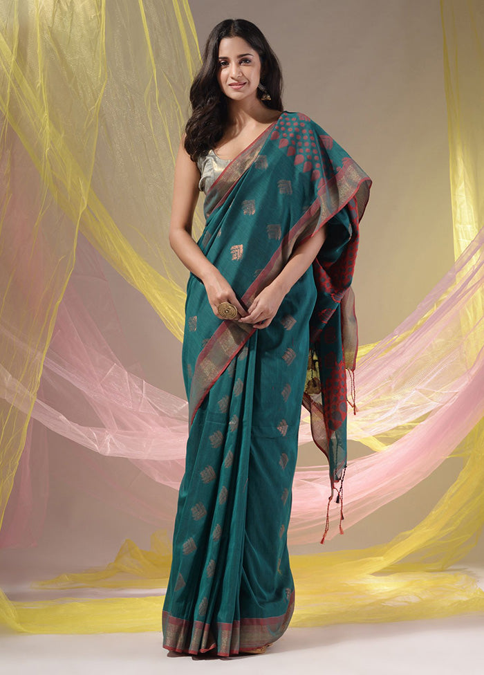 Teal Spun Silk Saree With Blouse Piece - Indian Silk House Agencies