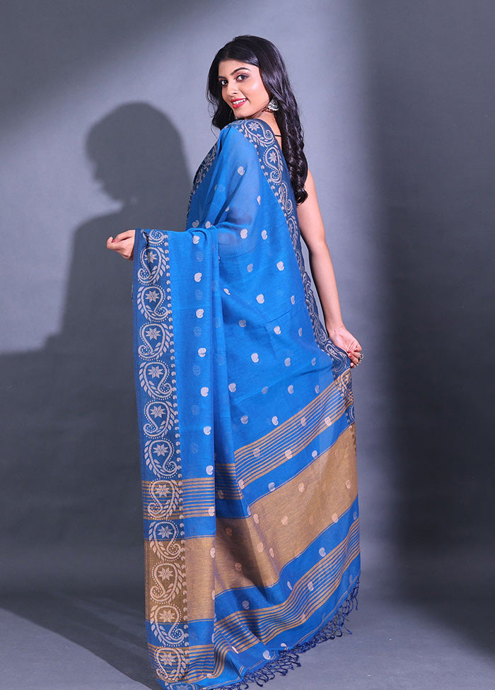 Blue Pure Cotton Saree With Blouse Piece - Indian Silk House Agencies