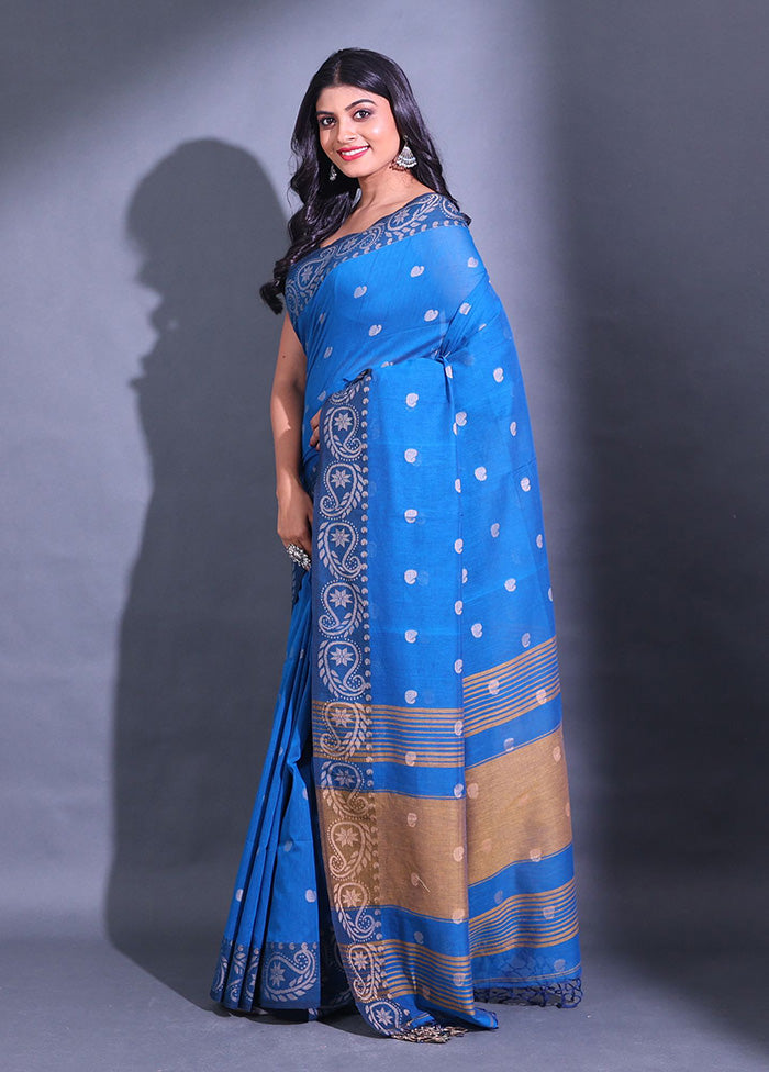 Blue Pure Cotton Saree With Blouse Piece - Indian Silk House Agencies