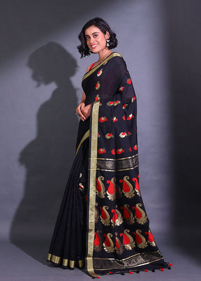 Black Pure Cotton Saree With Blouse Piece - Indian Silk House Agencies