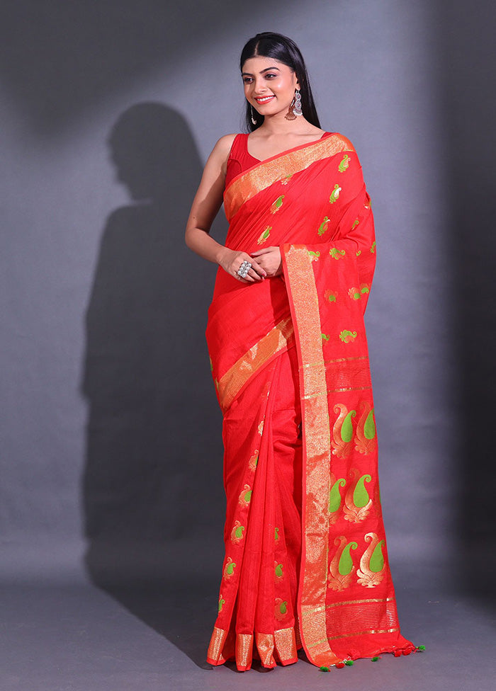 Red Pure Cotton Saree With Blouse Piece - Indian Silk House Agencies