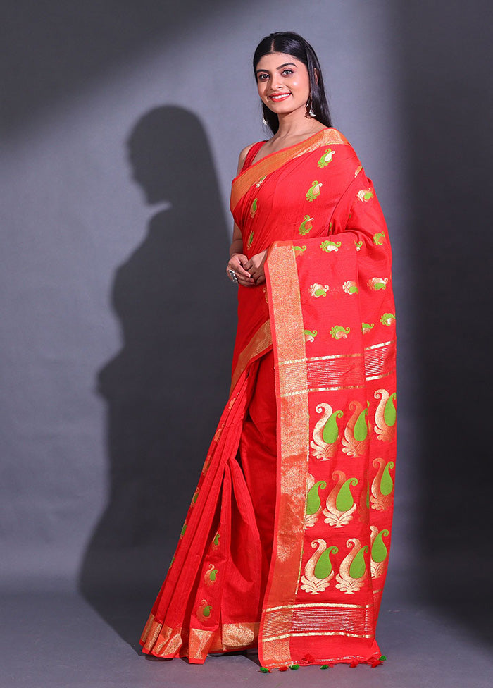 Red Pure Cotton Saree With Blouse Piece - Indian Silk House Agencies