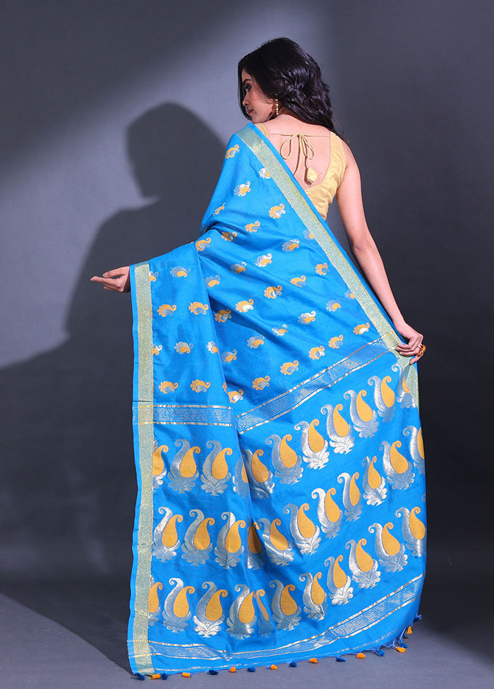 Blue Pure Cotton Saree With Blouse Piece - Indian Silk House Agencies