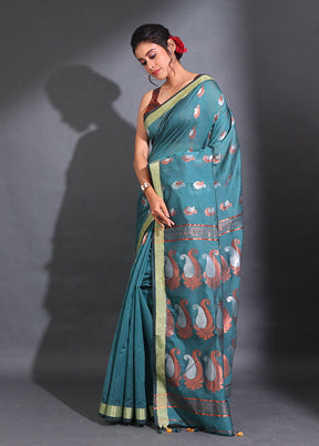 Teal Pure Cotton Saree With Blouse Piece - Indian Silk House Agencies