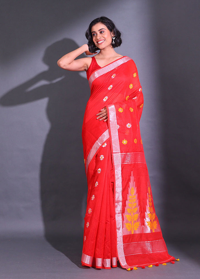 Red Pure Cotton Saree With Blouse Piece - Indian Silk House Agencies