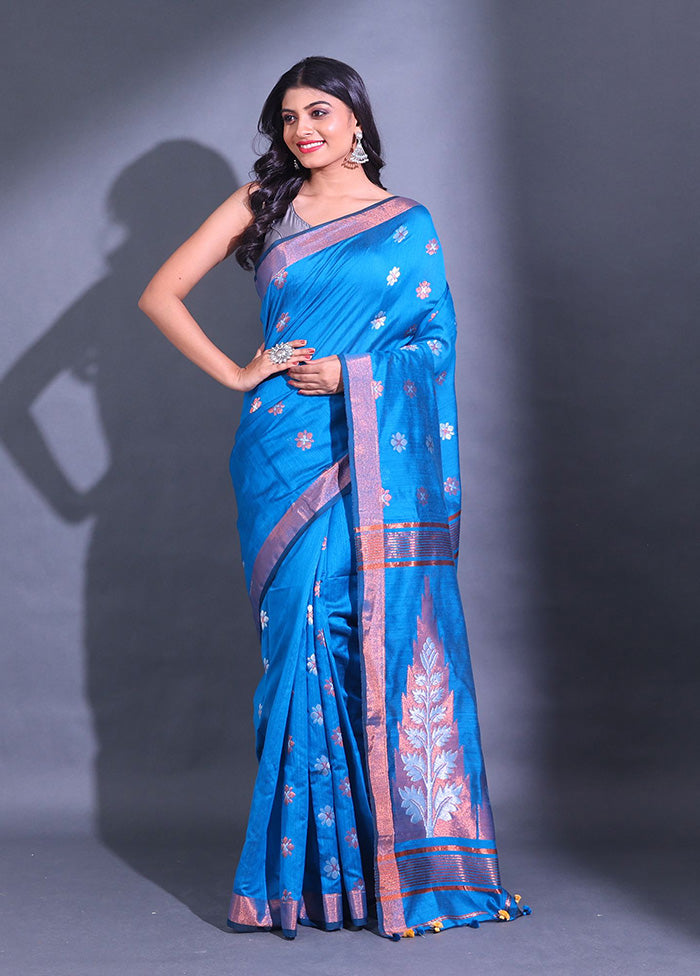 Blue Pure Cotton Saree With Blouse Piece - Indian Silk House Agencies