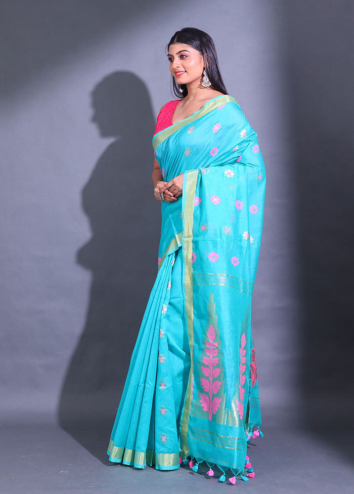 Blue Pure Cotton Saree With Blouse Piece - Indian Silk House Agencies