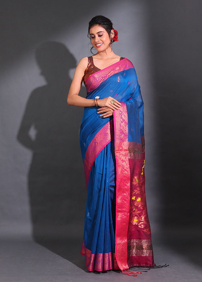 Blue Pure Cotton Saree With Blouse Piece - Indian Silk House Agencies