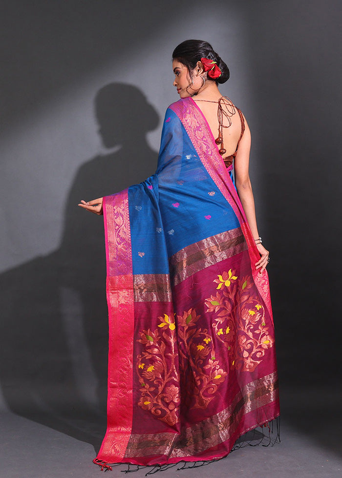 Blue Pure Cotton Saree With Blouse Piece - Indian Silk House Agencies