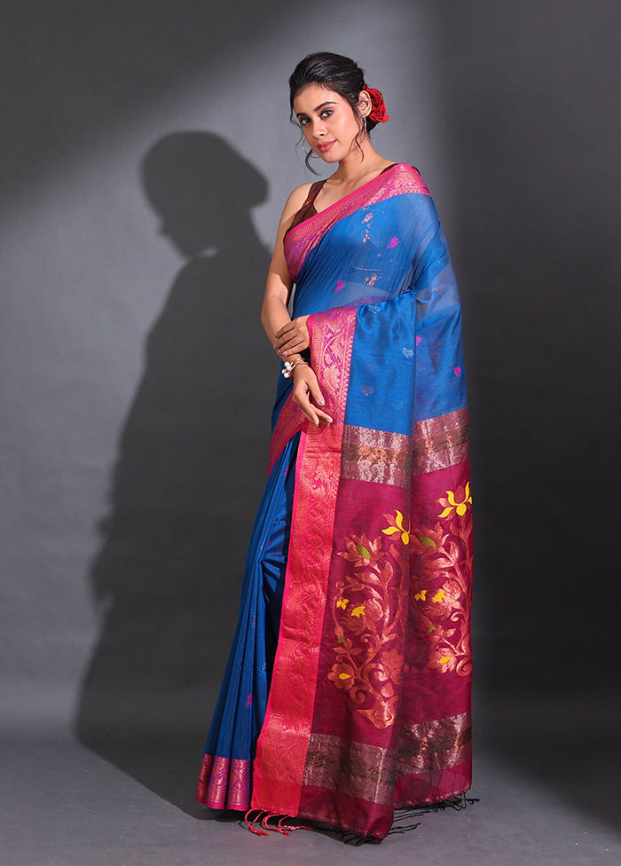 Blue Pure Cotton Saree With Blouse Piece - Indian Silk House Agencies