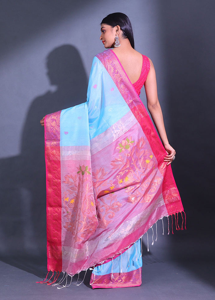 Blue Pure Cotton Saree With Blouse Piece - Indian Silk House Agencies