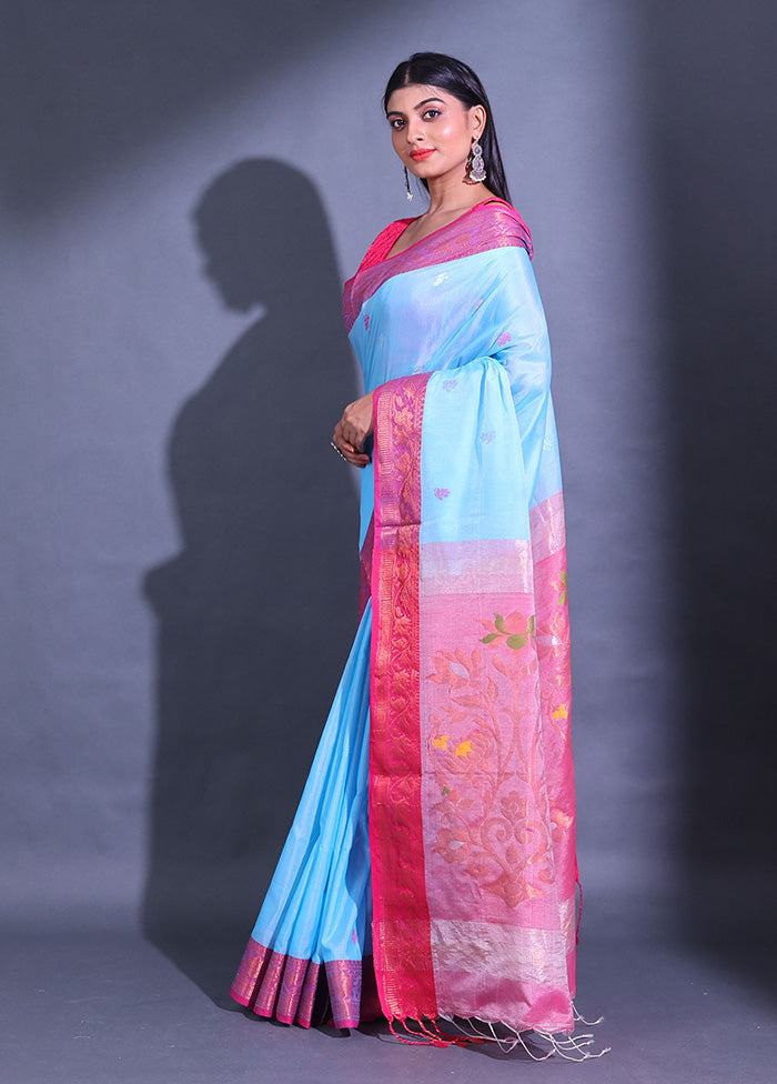 Blue Pure Cotton Saree With Blouse Piece - Indian Silk House Agencies