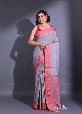 Grey Pure Cotton Saree With Blouse Piece - Indian Silk House Agencies