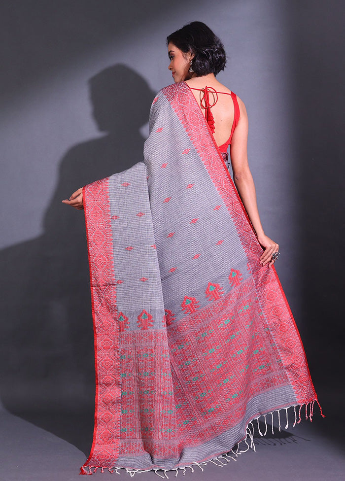 Grey Pure Cotton Saree With Blouse Piece - Indian Silk House Agencies