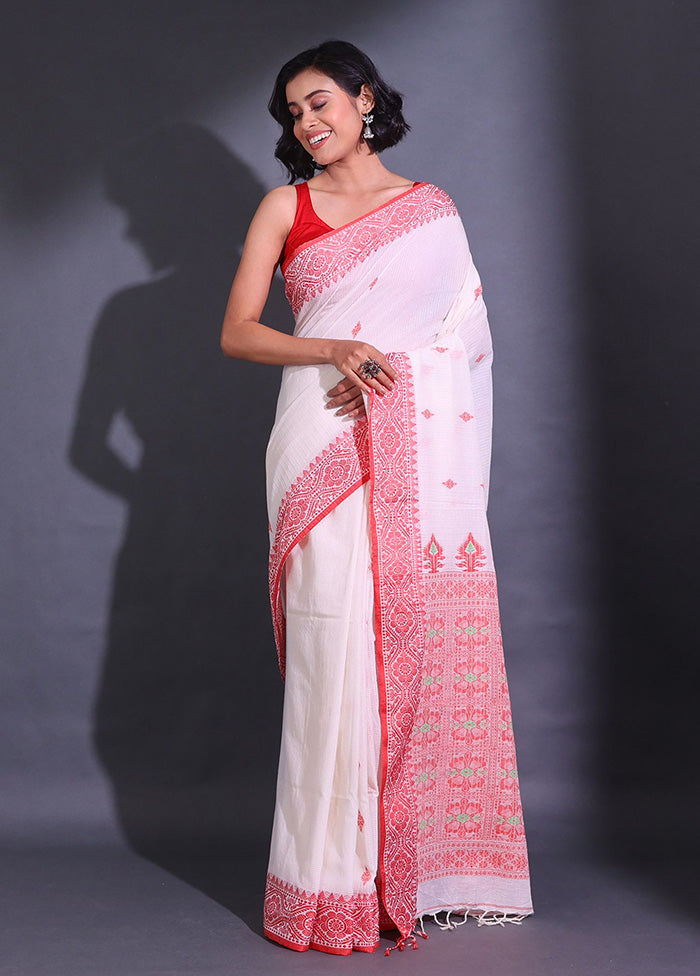 White Pure Cotton Saree With Blouse Piece - Indian Silk House Agencies