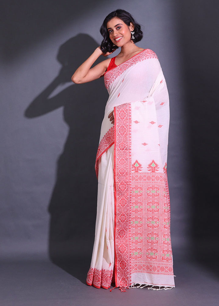 White Pure Cotton Saree With Blouse Piece - Indian Silk House Agencies