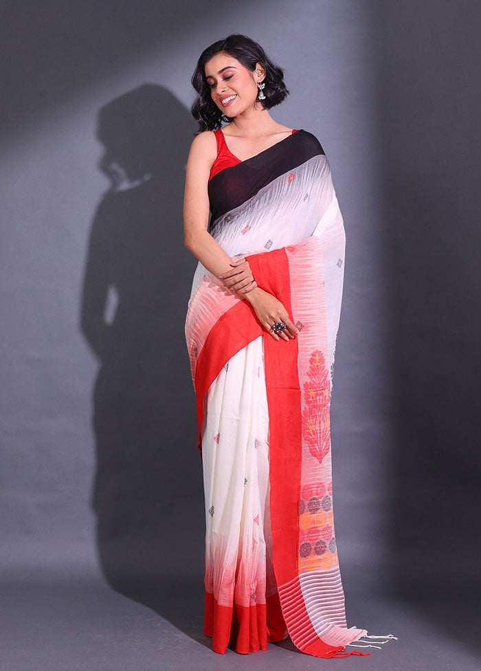 White Pure Cotton Saree With Blouse Piece - Indian Silk House Agencies