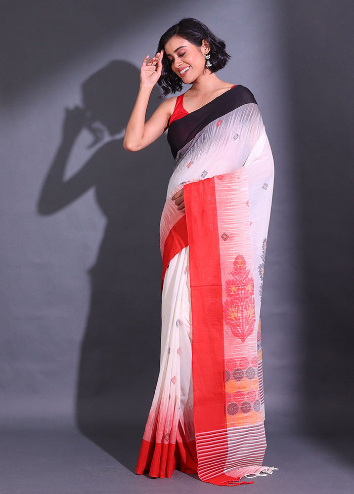 White Pure Cotton Saree With Blouse Piece - Indian Silk House Agencies