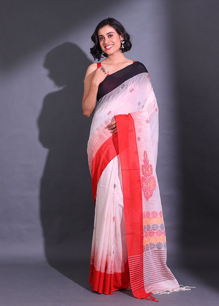 White Pure Cotton Saree With Blouse Piece - Indian Silk House Agencies