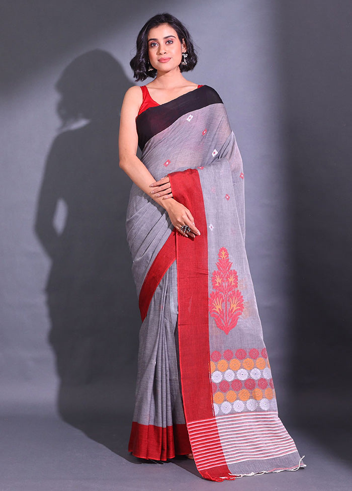 Grey Pure Cotton Saree With Blouse Piece - Indian Silk House Agencies