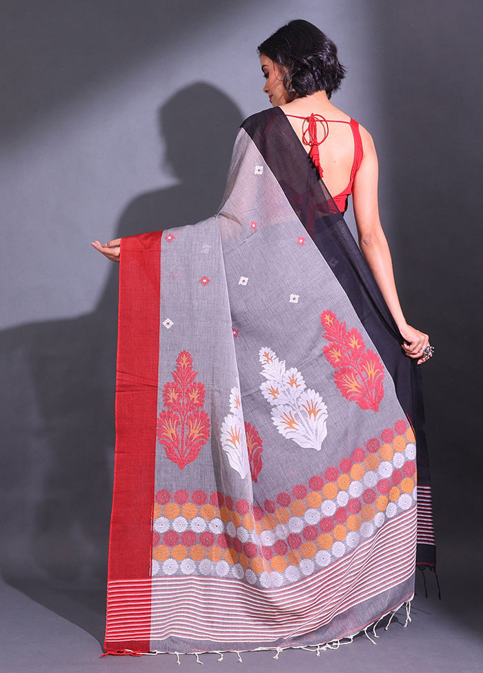 Grey Pure Cotton Saree With Blouse Piece - Indian Silk House Agencies