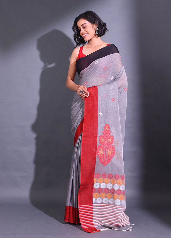 Grey Pure Cotton Saree With Blouse Piece - Indian Silk House Agencies