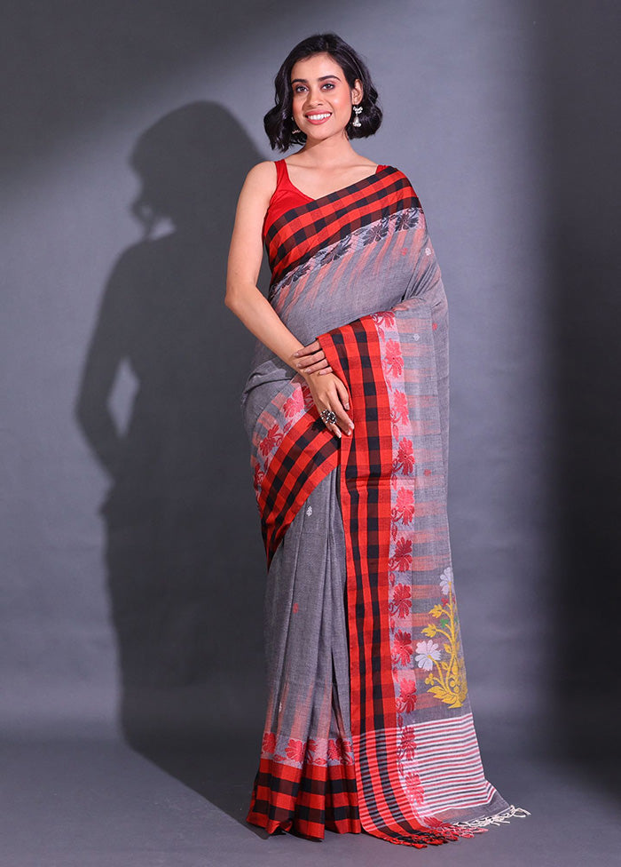 Grey Pure Cotton Saree With Blouse Piece - Indian Silk House Agencies