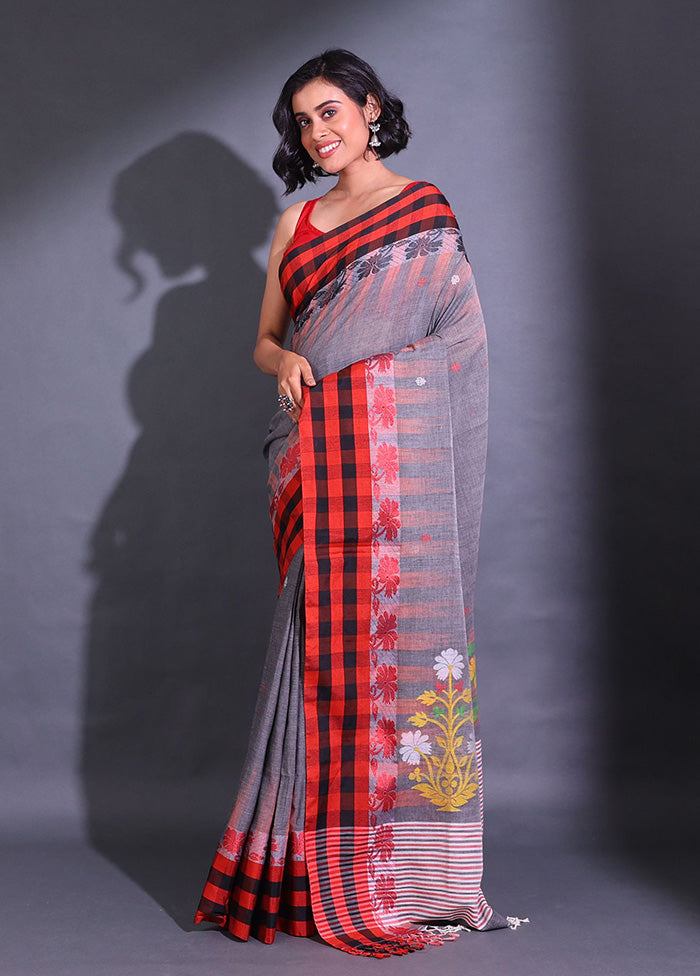 Grey Pure Cotton Saree With Blouse Piece - Indian Silk House Agencies