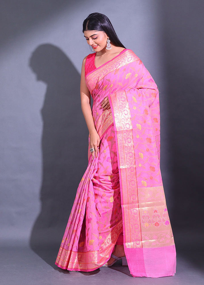 Pink Pure Cotton Saree With Blouse Piece - Indian Silk House Agencies