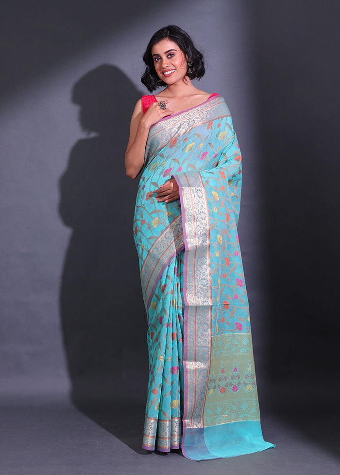 Blue Pure Cotton Saree With Blouse Piece - Indian Silk House Agencies