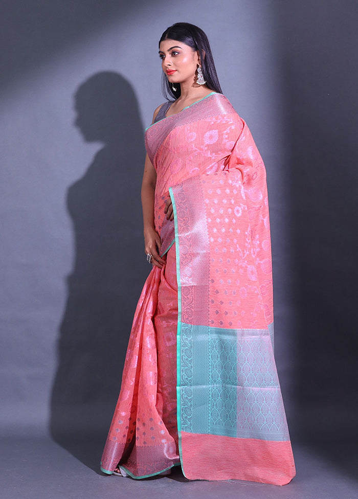 Peach Pure Cotton Saree With Blouse Piece - Indian Silk House Agencies