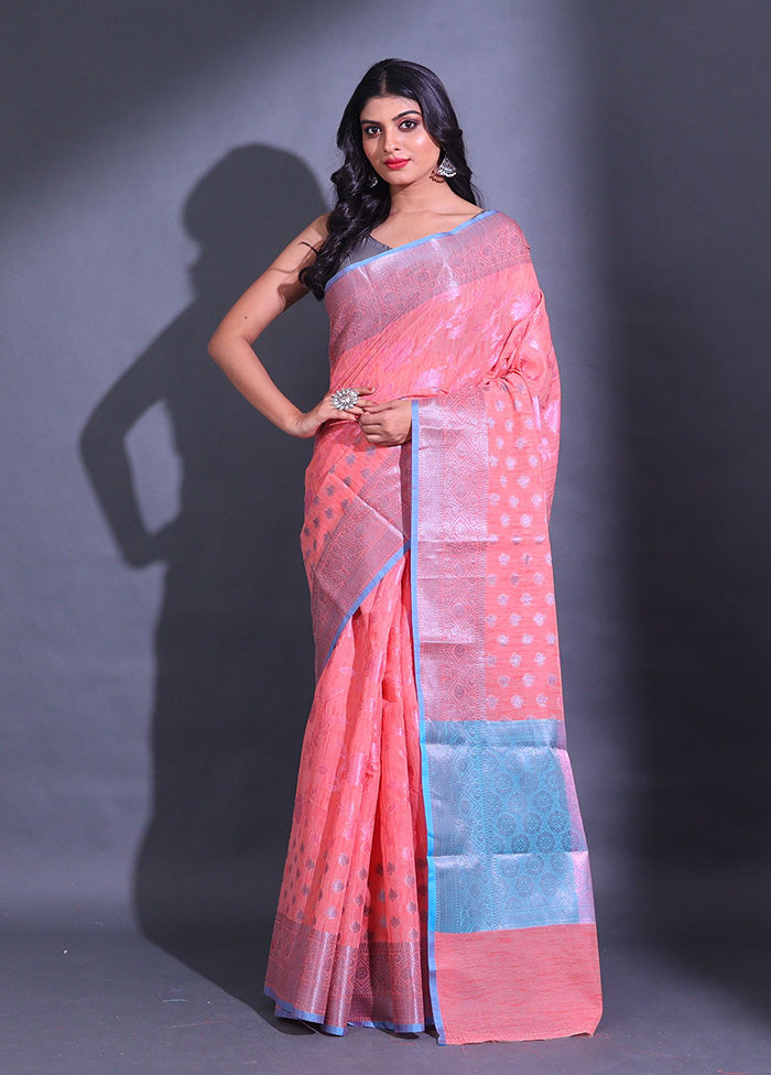 Peach Pure Cotton Saree With Blouse Piece - Indian Silk House Agencies