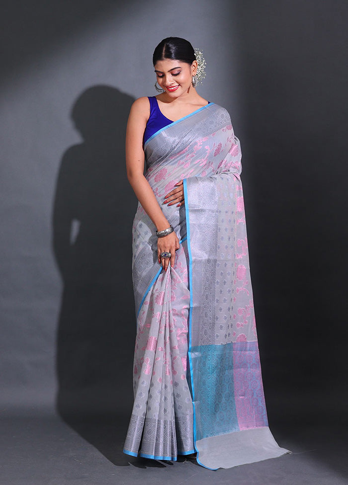 Grey Pure Cotton Saree With Blouse Piece - Indian Silk House Agencies