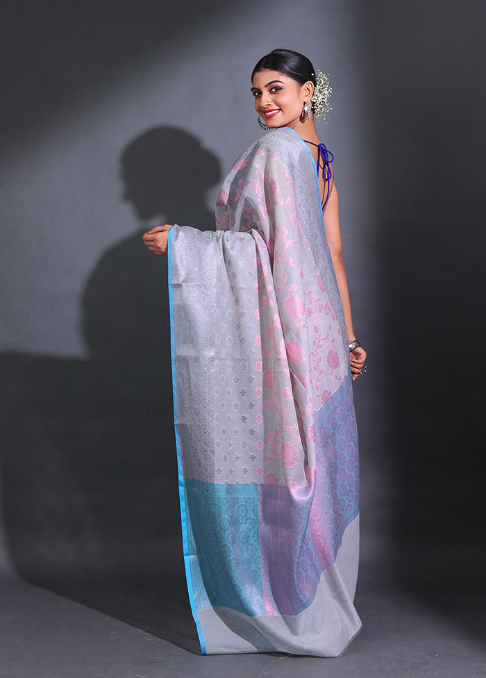 Grey Pure Cotton Saree With Blouse Piece - Indian Silk House Agencies