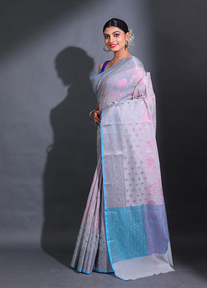 Grey Pure Cotton Saree With Blouse Piece - Indian Silk House Agencies