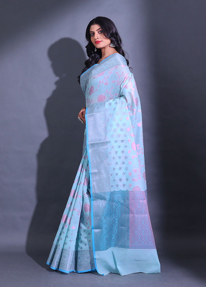 Blue Pure Cotton Saree With Blouse Piece - Indian Silk House Agencies