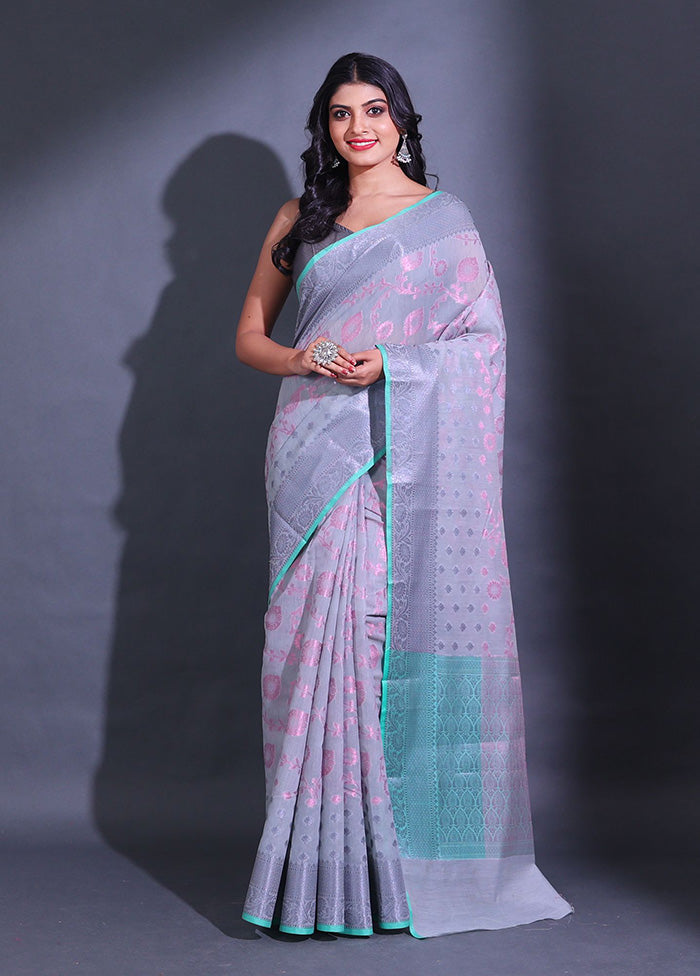 Grey Pure Cotton Saree With Blouse Piece - Indian Silk House Agencies