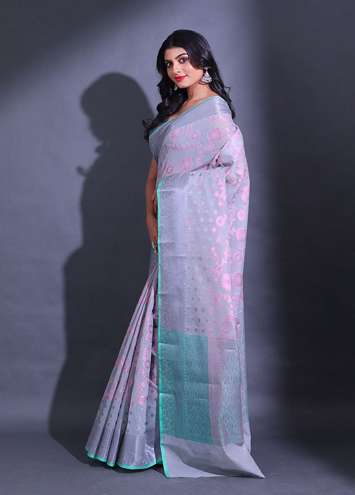 Grey Pure Cotton Saree With Blouse Piece - Indian Silk House Agencies