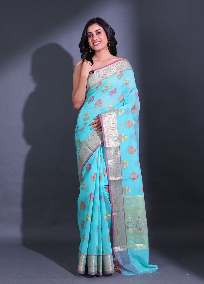 Blue Pure Cotton Saree With Blouse Piece - Indian Silk House Agencies