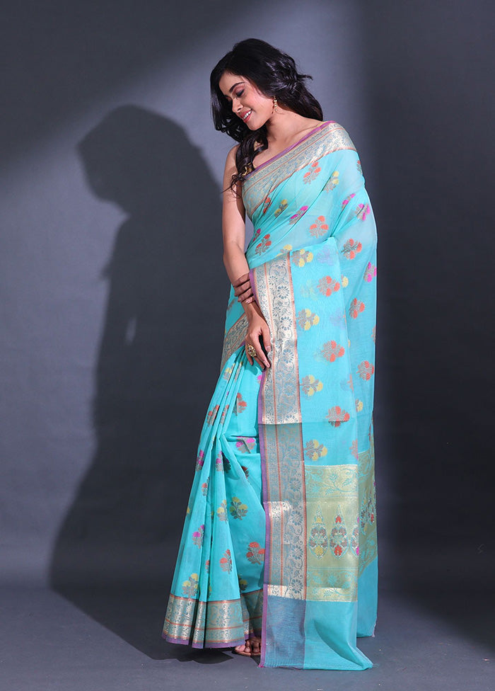 Blue Pure Cotton Saree With Blouse Piece - Indian Silk House Agencies