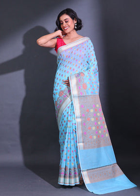 Blue Pure Cotton Saree With Blouse Piece - Indian Silk House Agencies