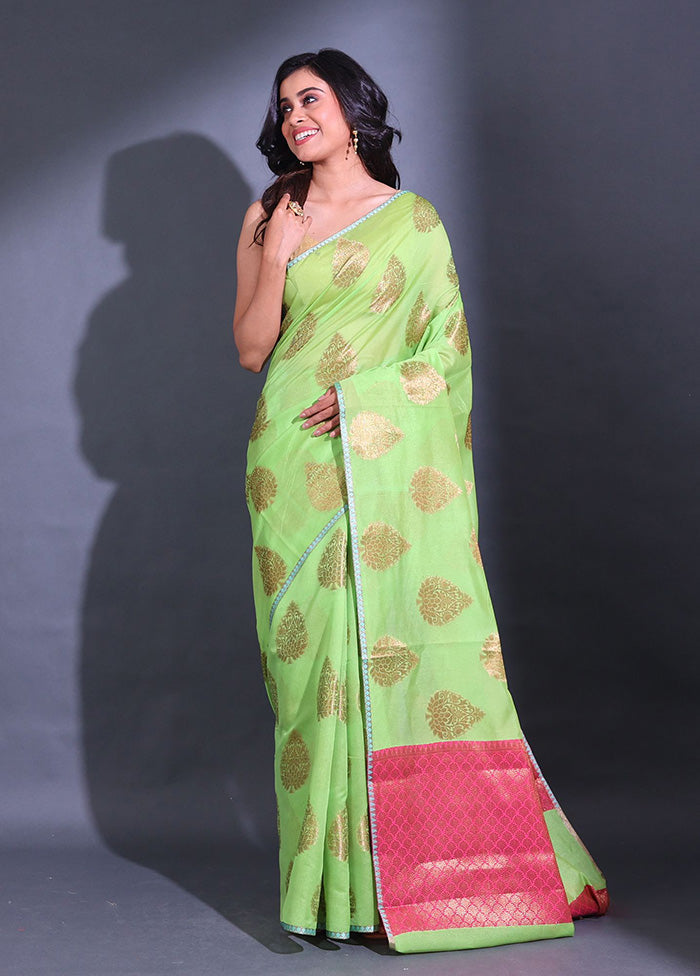 Light Green Pure Cotton Saree With Blouse Piece - Indian Silk House Agencies