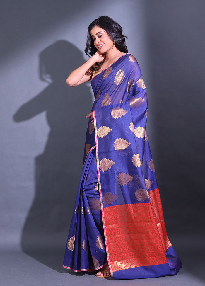 Navy Blue Pure Cotton Saree With Blouse Piece - Indian Silk House Agencies