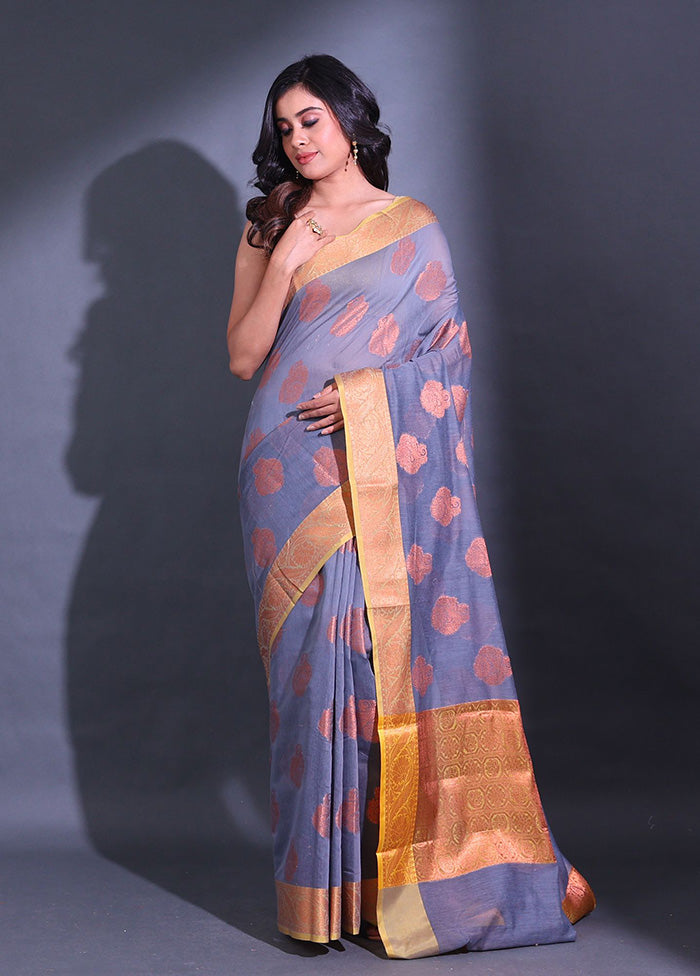 Grey Pure Cotton Saree With Blouse Piece - Indian Silk House Agencies