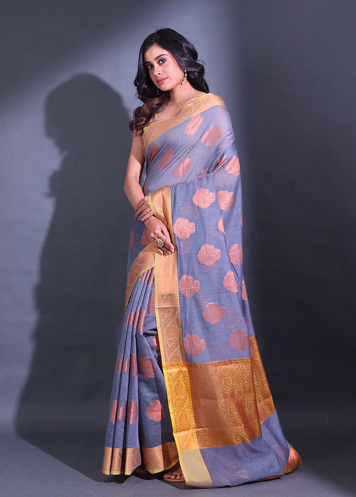 Grey Pure Cotton Saree With Blouse Piece - Indian Silk House Agencies